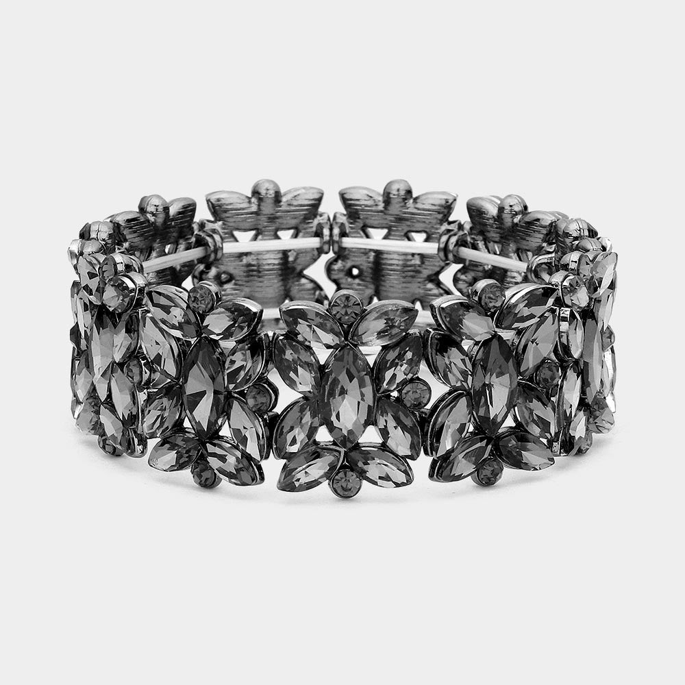 Black Diamond Crystal Floral Pageant Stretch Bracelet  | Prom Bracelet