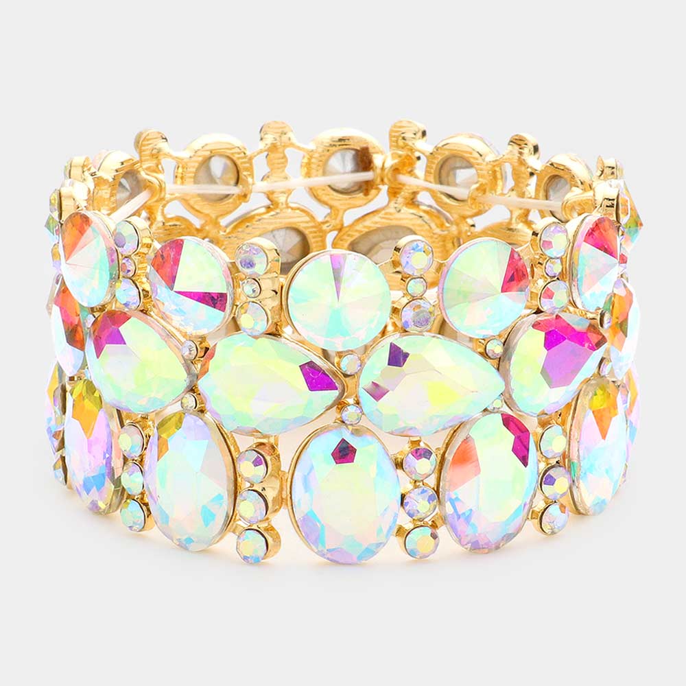 Wide AB Crystal Multi Cluster Stone Pageant Bracelet on Gold | Prom Bracelet