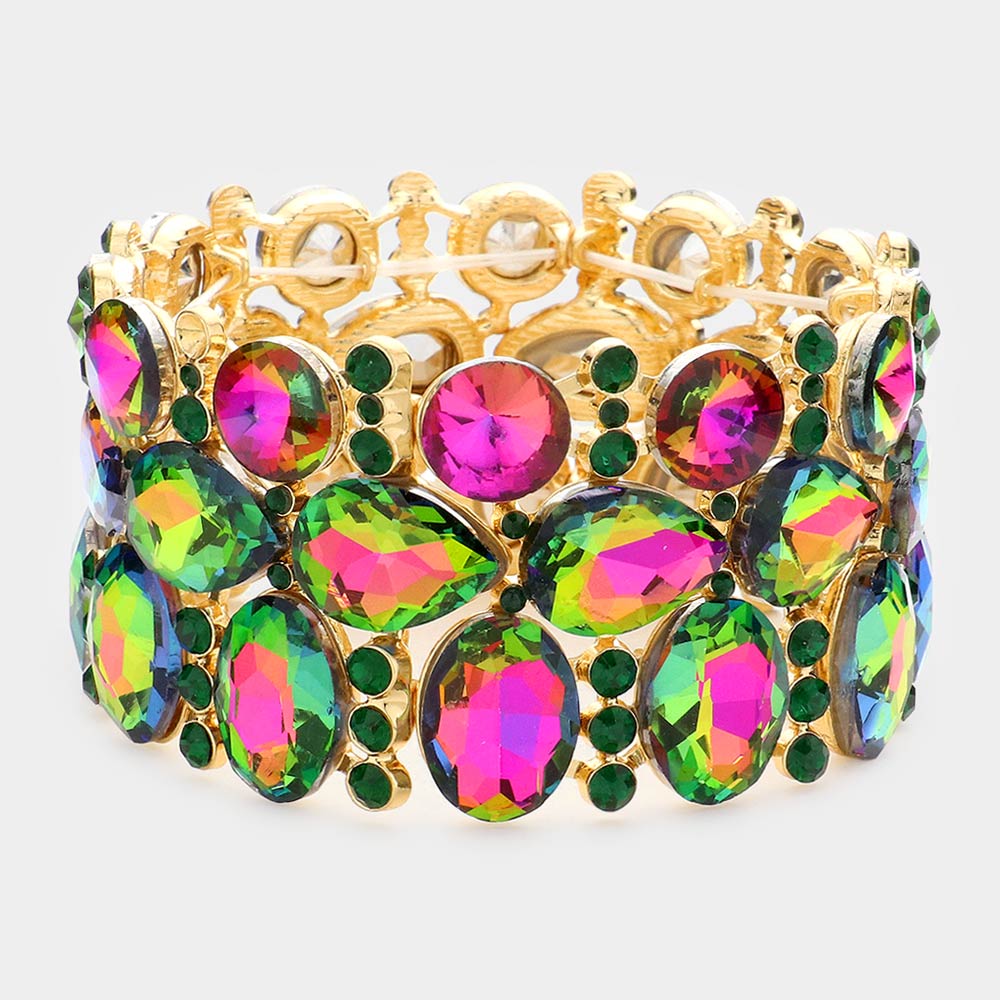 Wide Multi-Color Crystal Multi Cluster Stone Pageant Bracelet  | Prom Bracelet