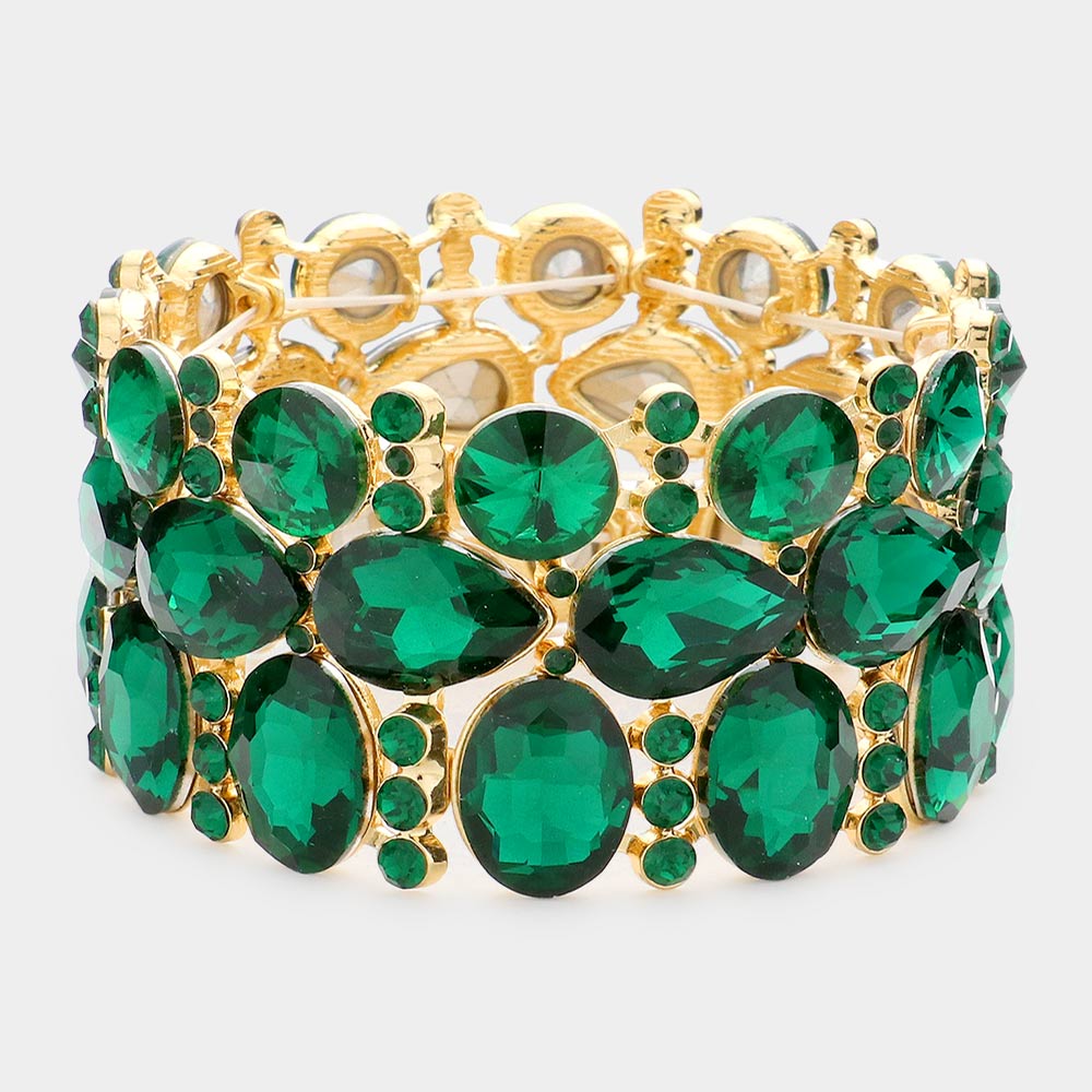 Wide Emerald Crystal Multi Cluster Stone Pageant Bracelet  | Prom Bracelet