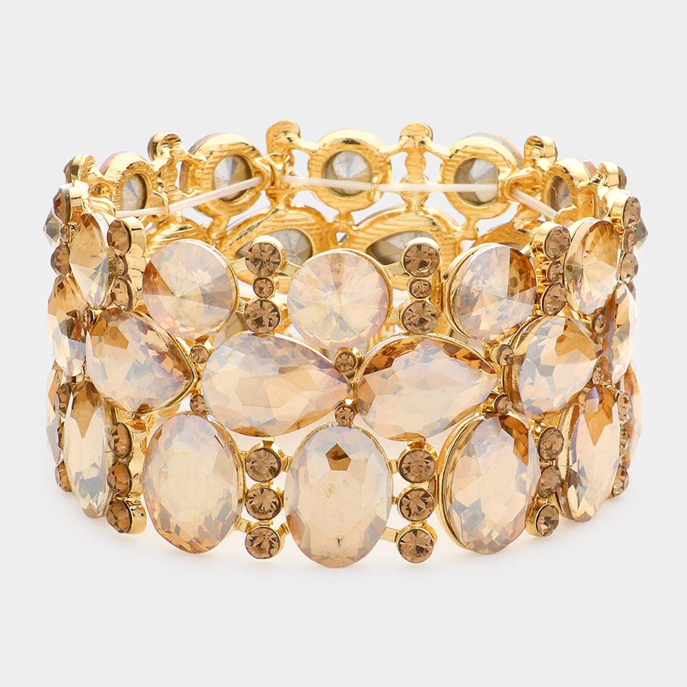 Wide Light Topaz Crystal Multi Cluster Stone Pageant Bracelet  | Prom Bracelet