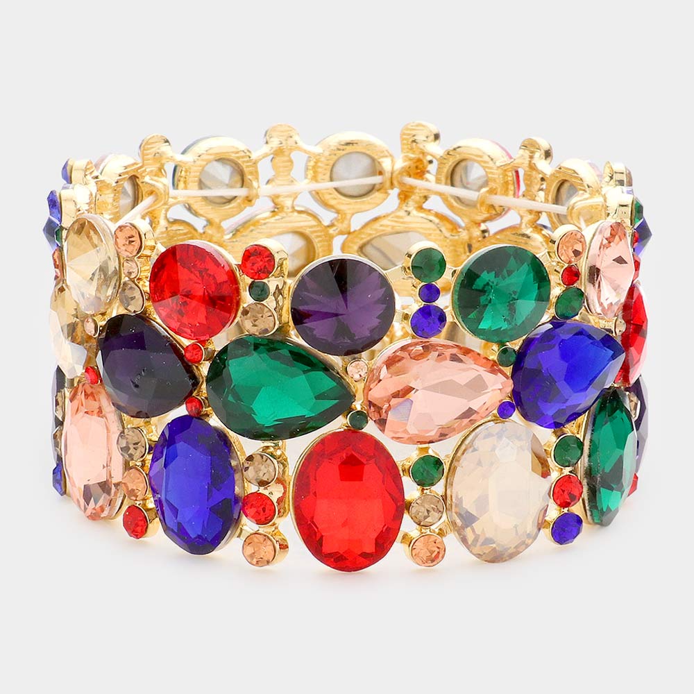 Wide Multi-Color Crystal Multi Cluster Stone Pageant Bracelet  | Prom Bracelet