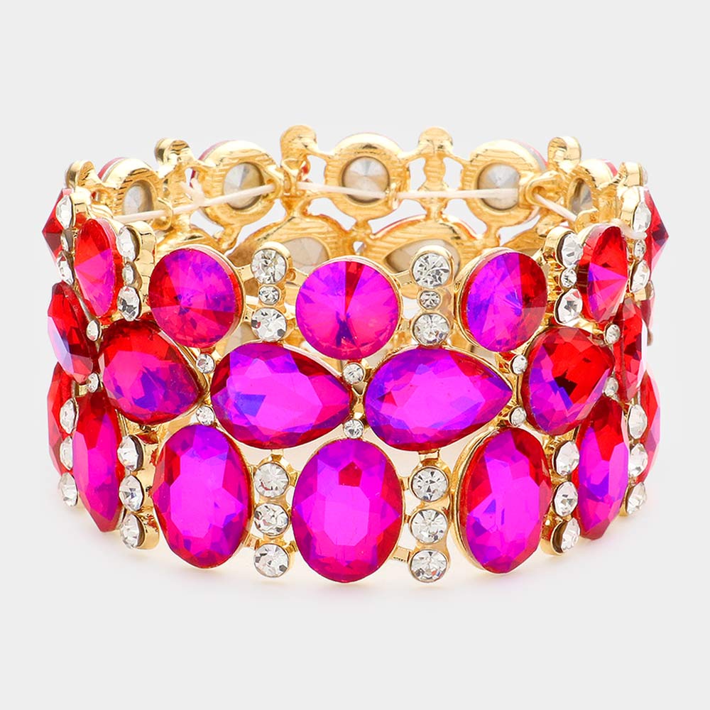 Wide Purple AB Crystal Multi Cluster Stone Pageant Bracelet  | Prom Bracelet