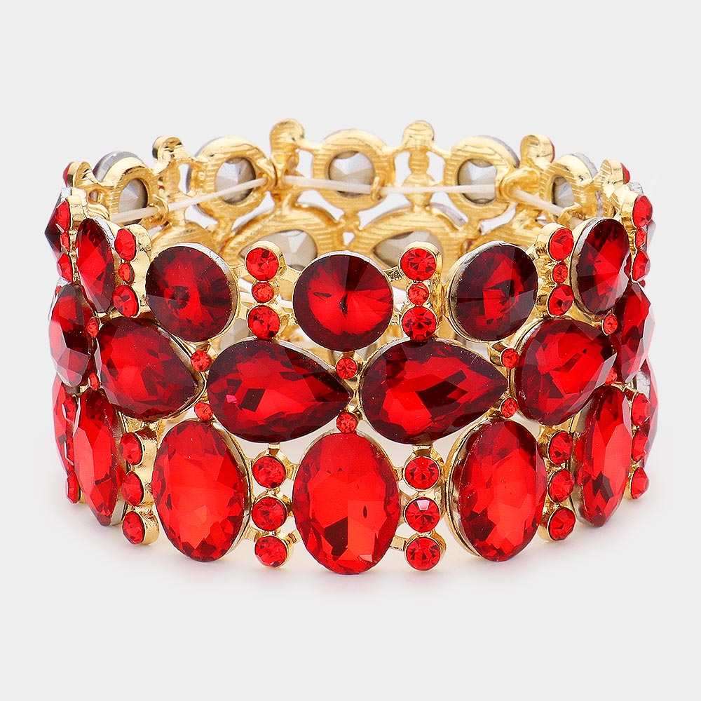 Wide Red Crystal Multi Cluster Stone Pageant Bracelet  | Prom Bracelet