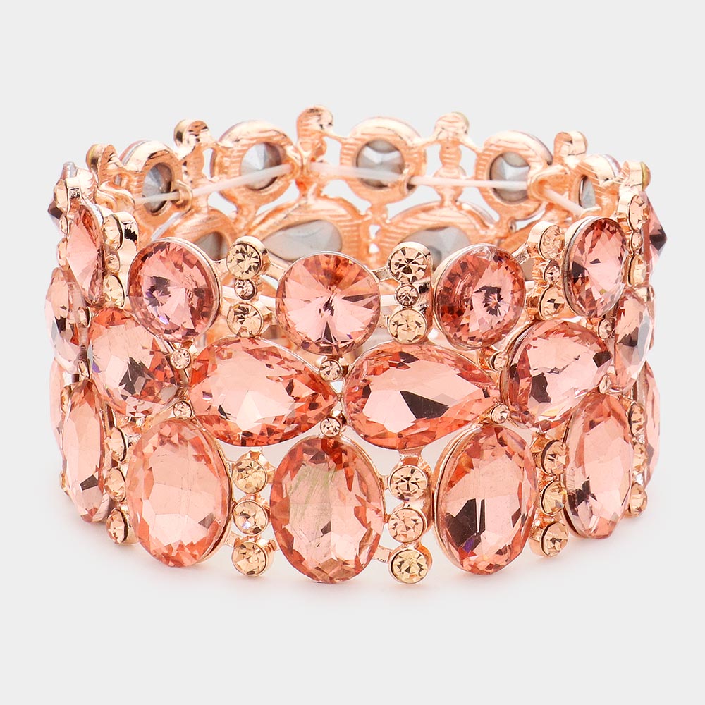 Wide Peach Crystal Multi Cluster Stone Pageant Bracelet  | Prom Bracelet