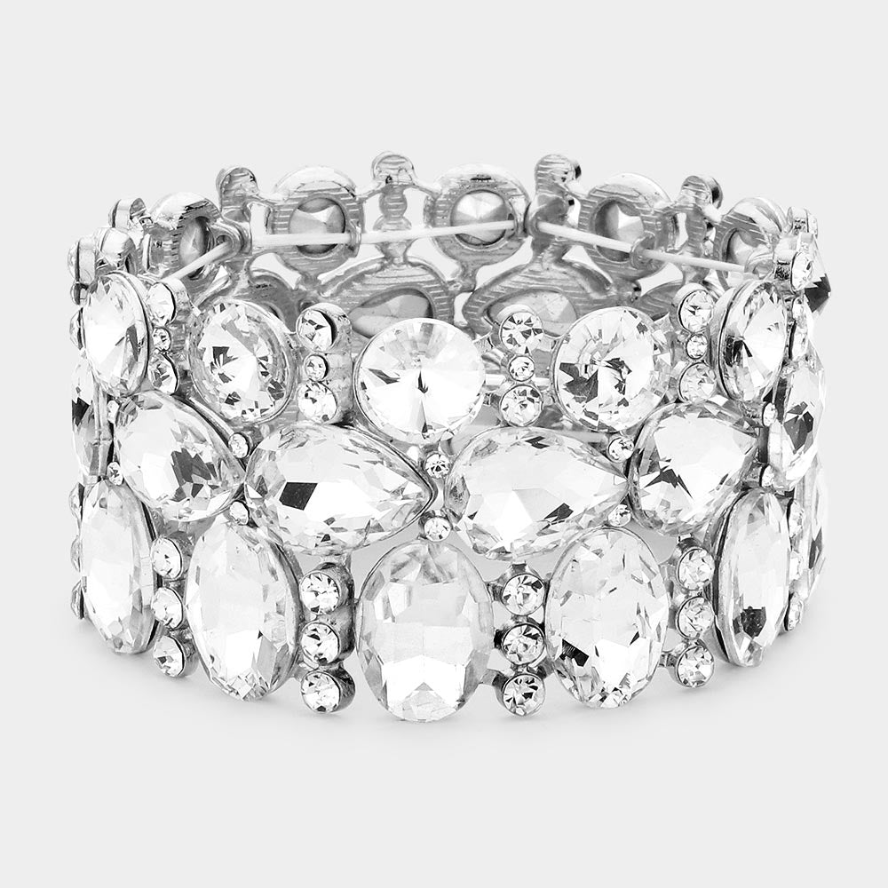 Wide Clear Crystal Multi Cluster Stone Pageant Bracelet  | Prom Bracelet