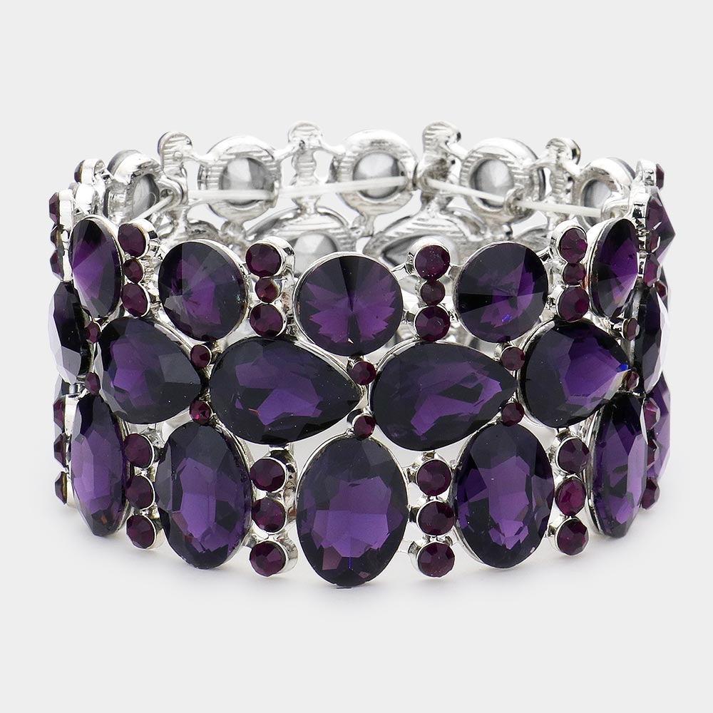 Wide Purple Crystal Multi Cluster Stone Pageant Bracelet  | Prom Bracelet