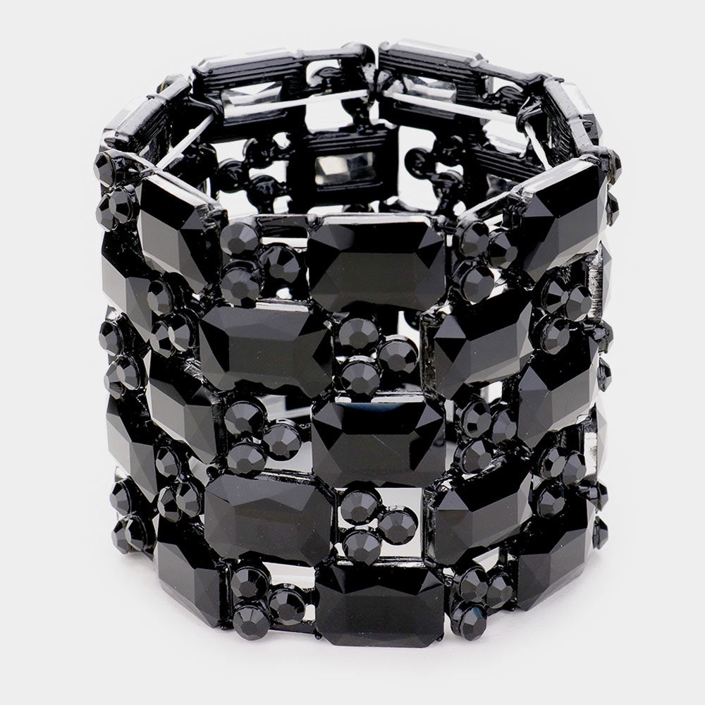 Large Black Emerald Cut Crystal Stretch Bracelet | Pageant Bracelet