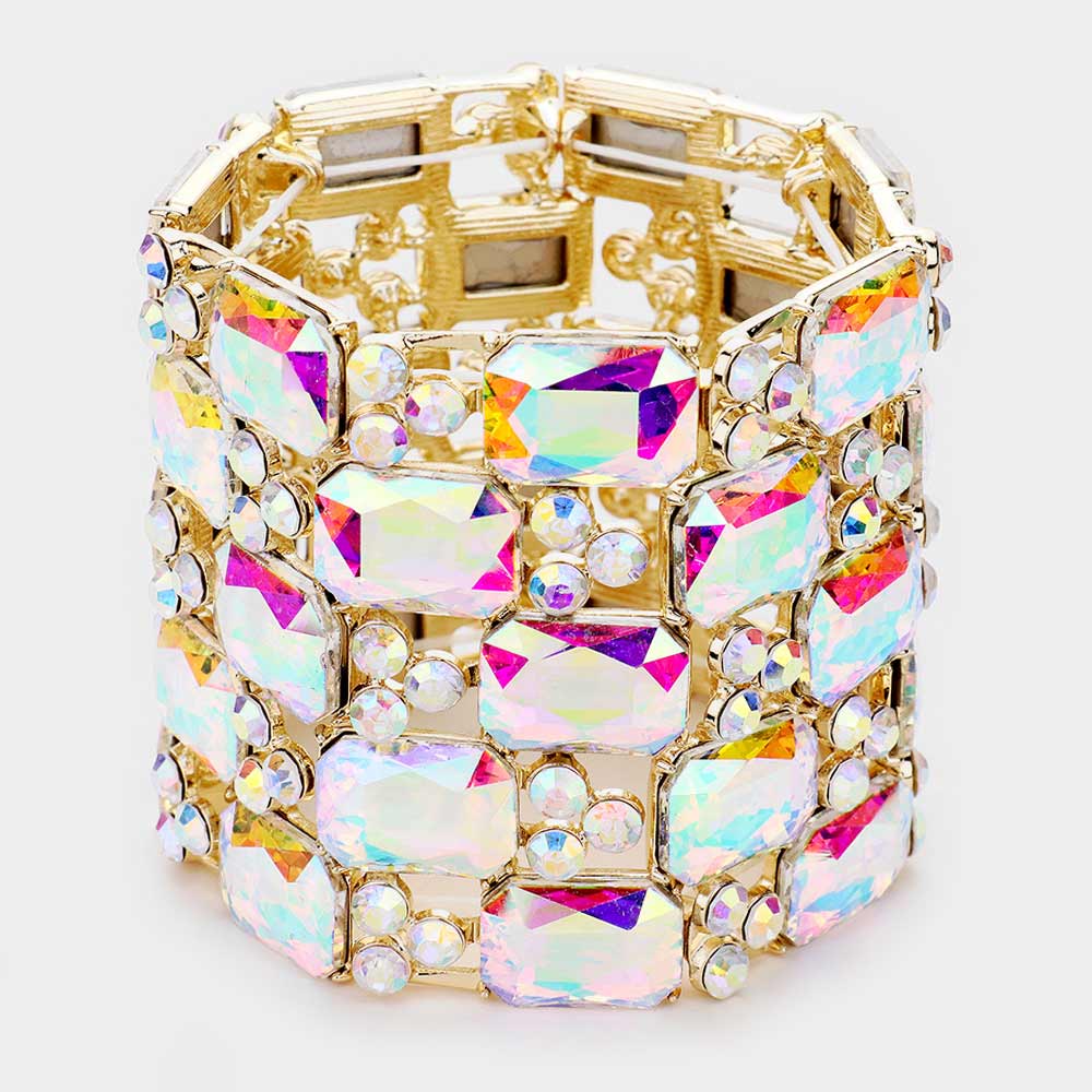 Large AB Emerald Cut Crystal Stretch Bracelet on Gold  | Pageant Bracelet 