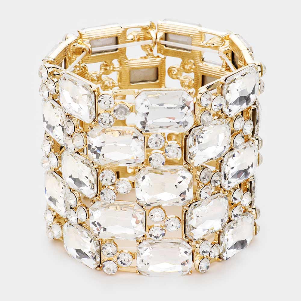 Large Clear Emerald Cut Crystal Stretch Bracelet on Gold  | Pageant Bracelet