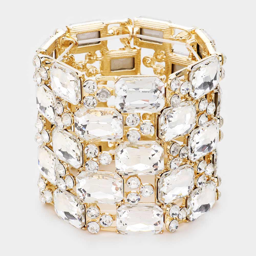 Large Clear Emerald Cut Crystal Stretch Bracelet on Gold  | Pageant Bracelet 
