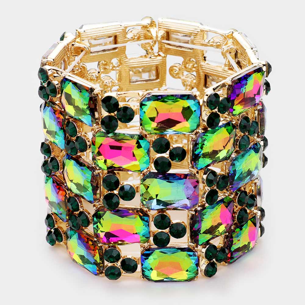 Large Multi-Color Emerald Cut Crystal Stretch Bracelet   | Pageant Bracelet
