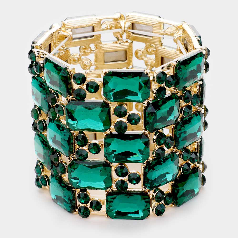 Large Emerald - Emerald Cut Crystal Stretch Bracelet on Gold  | Pageant Bracelet 