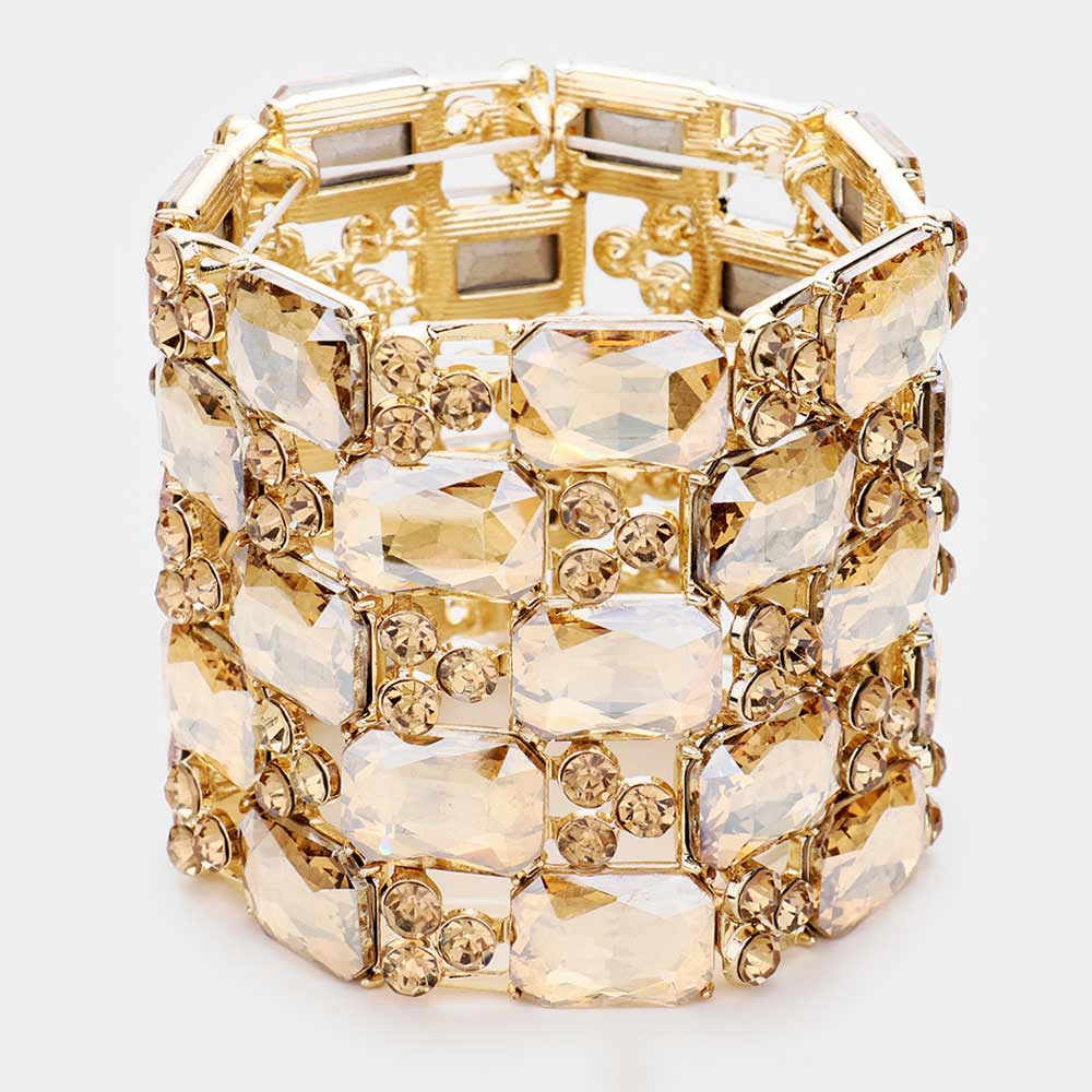 Large Topaz Emerald Cut Crystal Stretch Bracelet on Gold  | Pageant Bracelet 