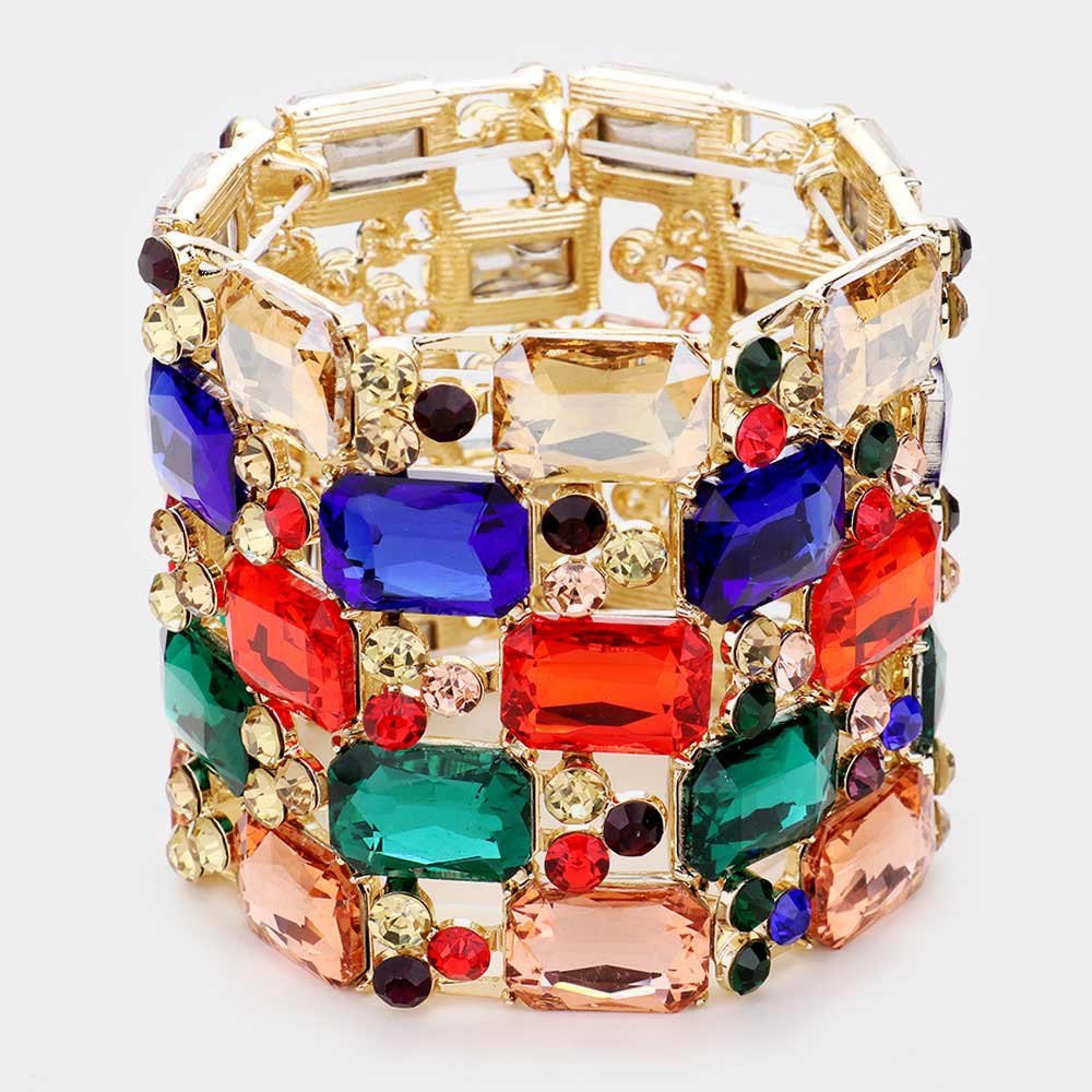 Large Multi-Color Emerald Cut Crystal Stretch Bracelet on Gold  | Pageant Bracelet