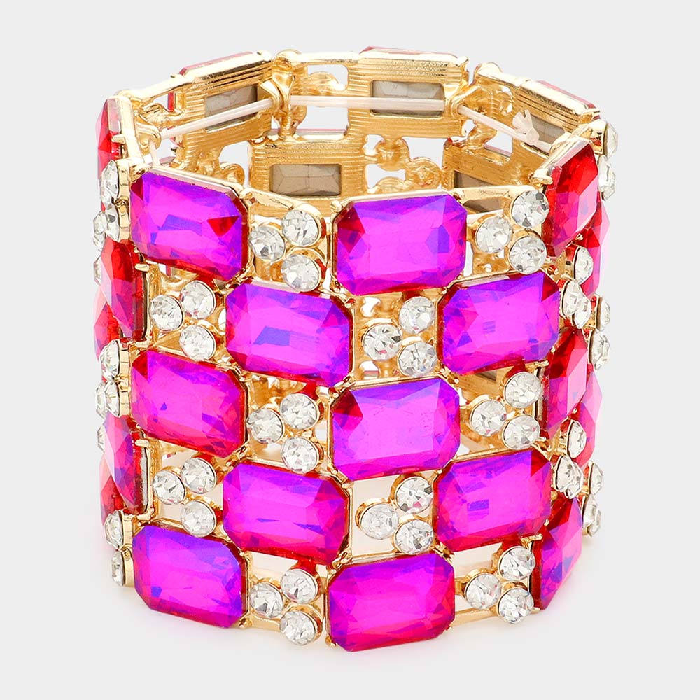 Large Fuchsia Emerald Cut Crystal Stretch Bracelet   | Pageant Bracelet