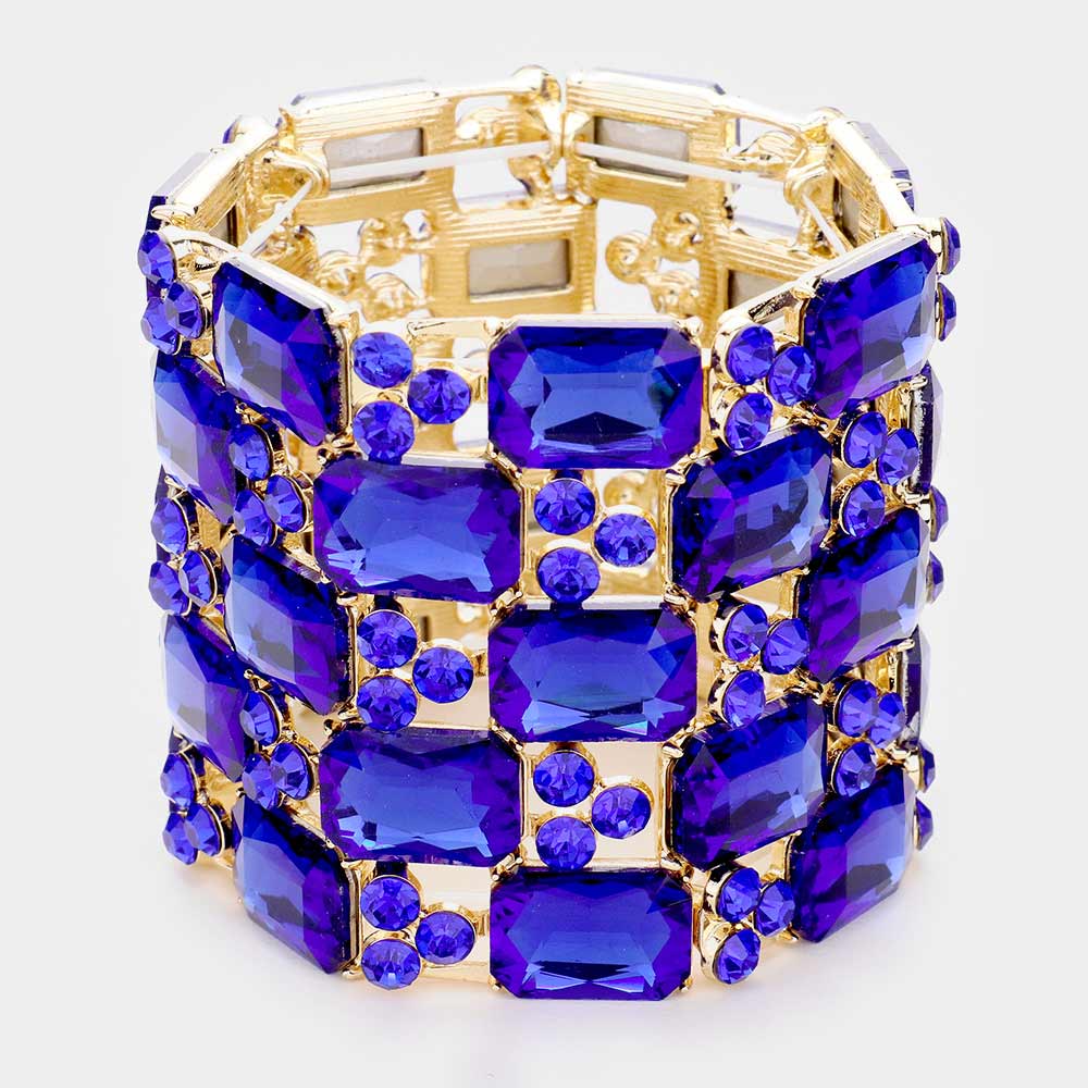 Large Sapphire Emerald Cut Crystal Stretch Bracelet on Gold | Pageant Bracelet