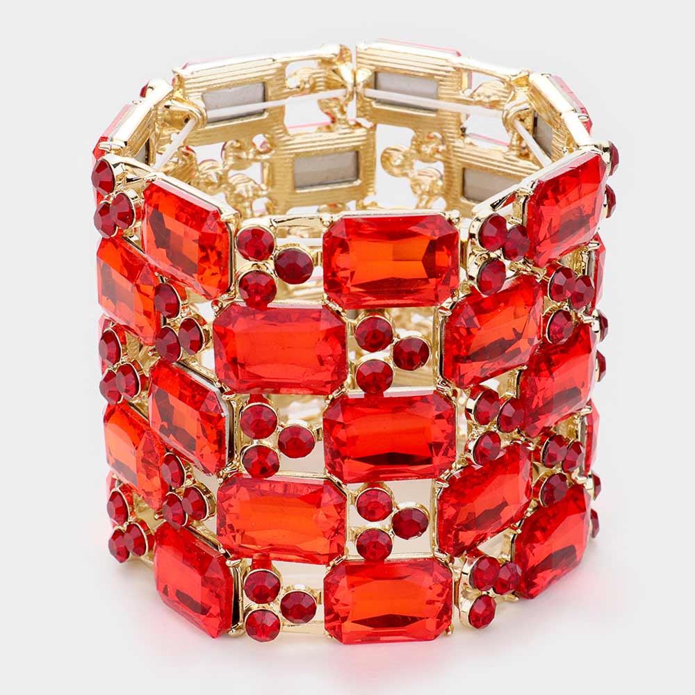 Large Red Emerald Cut Crystal Stretch Bracelet on Gold | Pageant Bracelet
