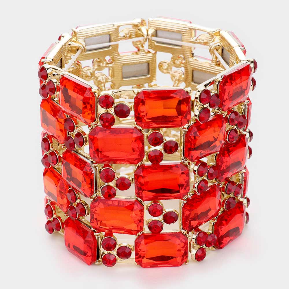 Large Red Emerald Cut Crystal Stretch Bracelet on Gold | Pageant Bracelet 