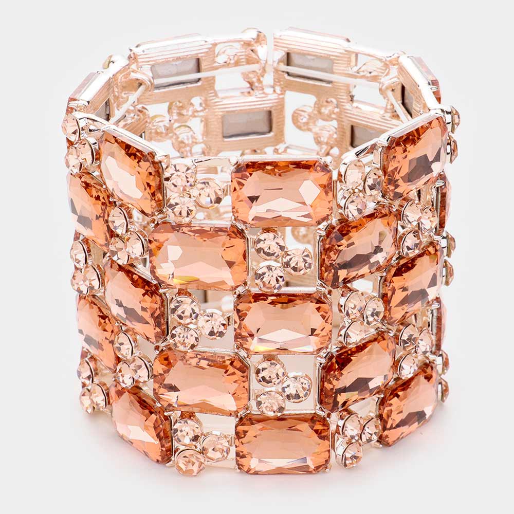 Large Peach Emerald Cut Crystal Stretch Bracelet on Rose Gold  | Pageant Bracelet