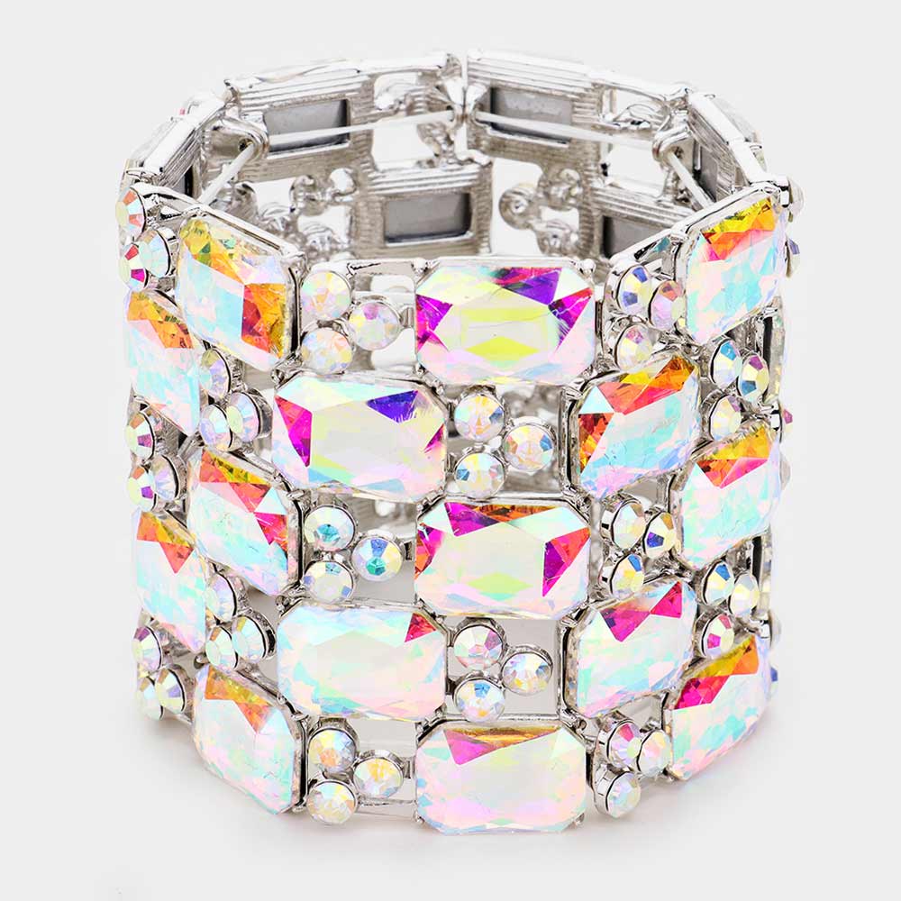 Large AB Emerald Cut Crystal Stretch Bracelet   | Pageant Bracelet