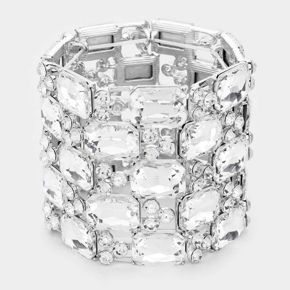  Large Clear Emerald Cut Crystal Stretch Bracelet   | Pageant Bracelet 
