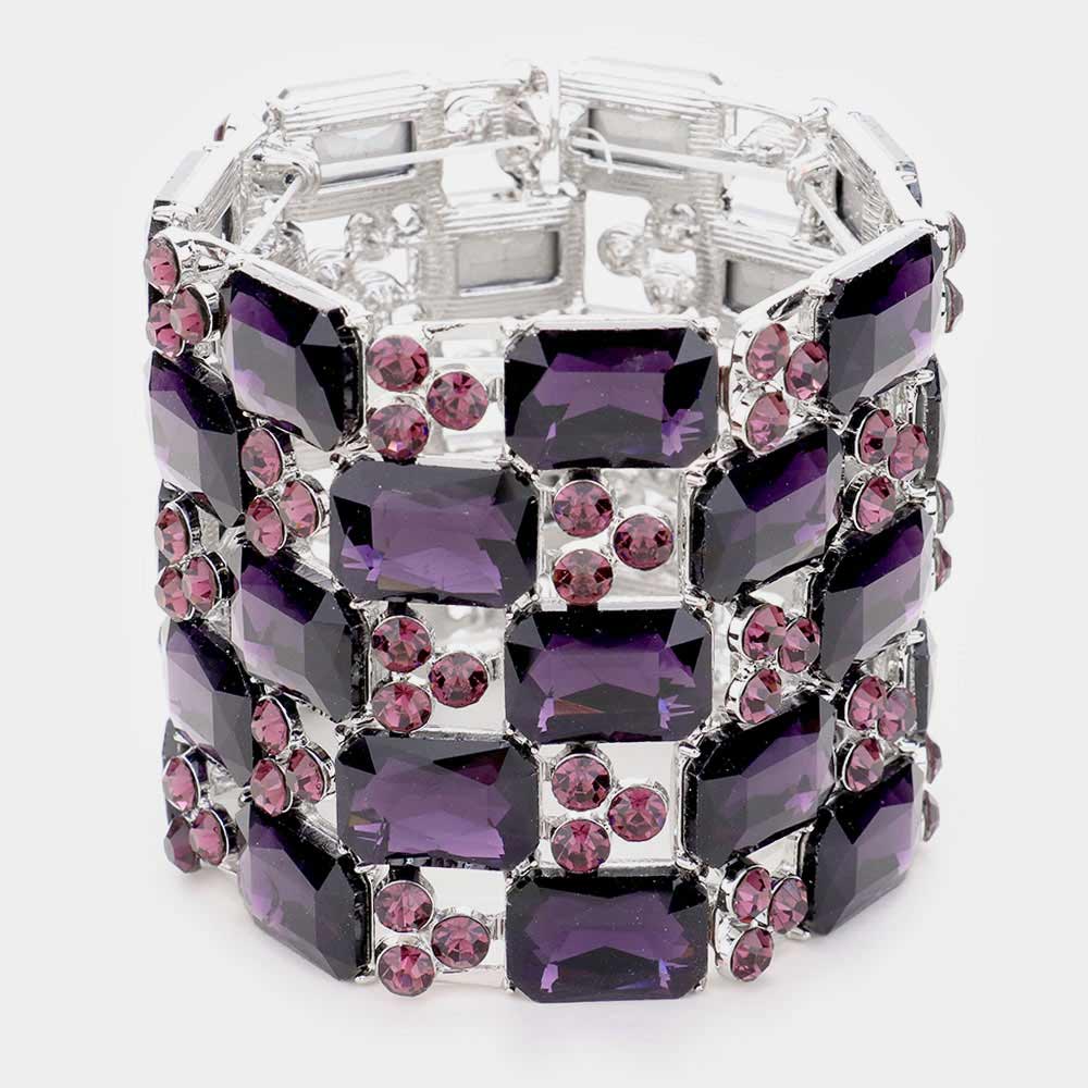 Large Purple Emerald Cut Crystal Stretch Bracelet   | Pageant Bracelet 