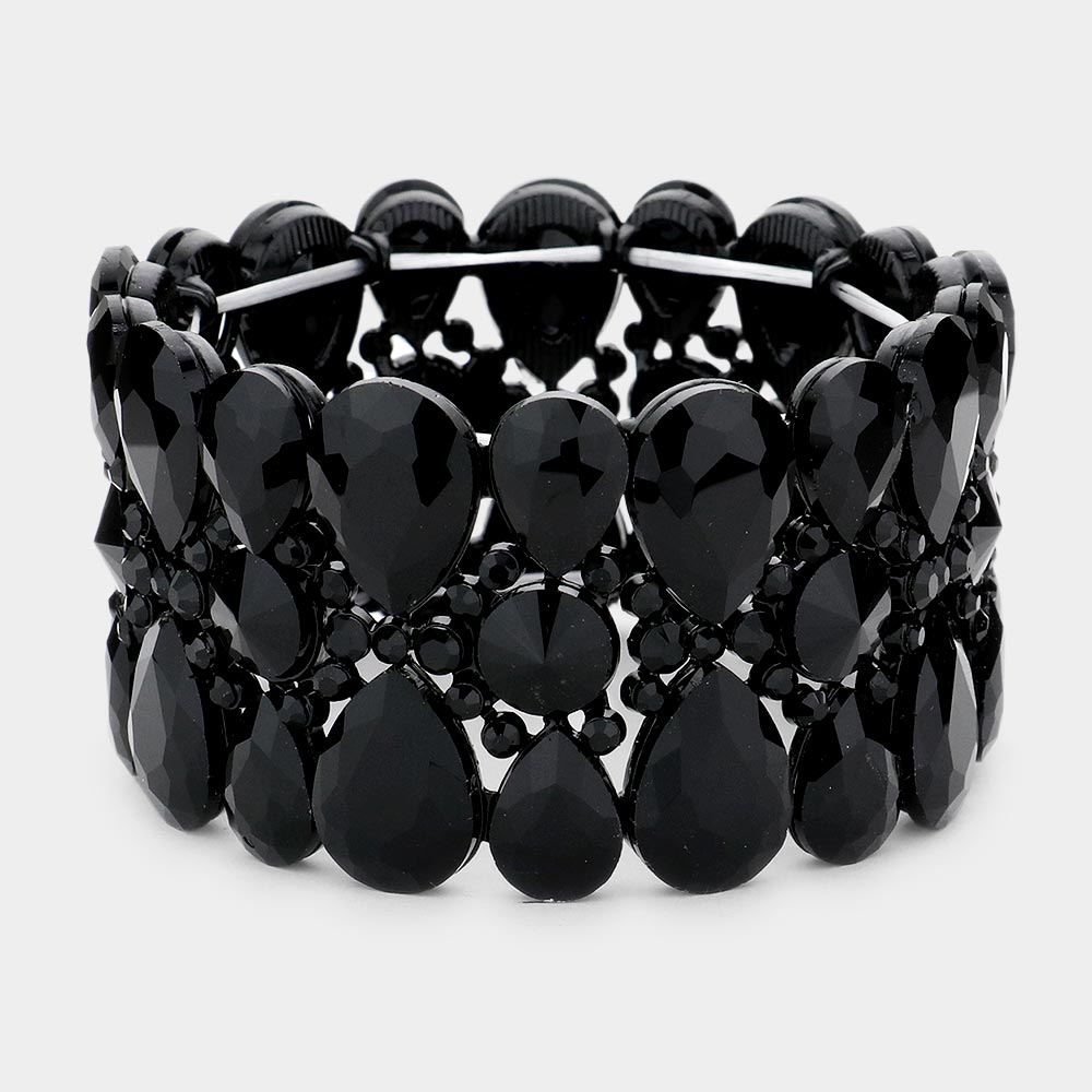 Black Crystal Teardrop Surround Stretch Pageant Bracelet | Prom Jewelry