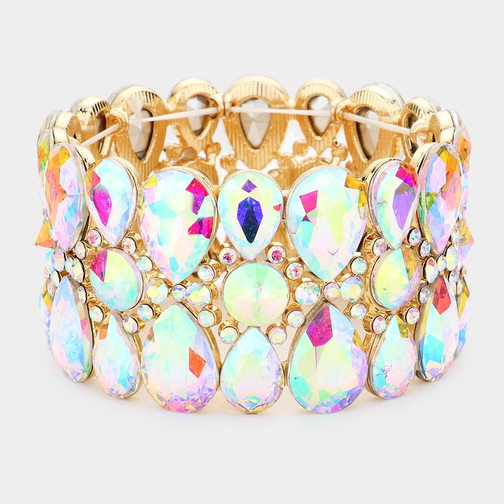 AB Crystal Teardrop Surround Stretch Pageant Bracelet on Gold | Prom Jewelry
