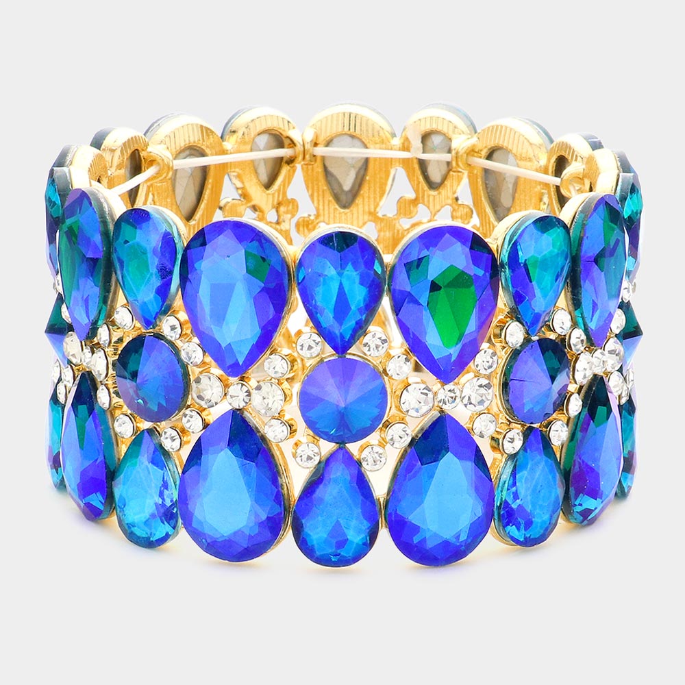 Blue AB Crystal Teardrop Surround Stretch Pageant Bracelet | Prom Jewelry