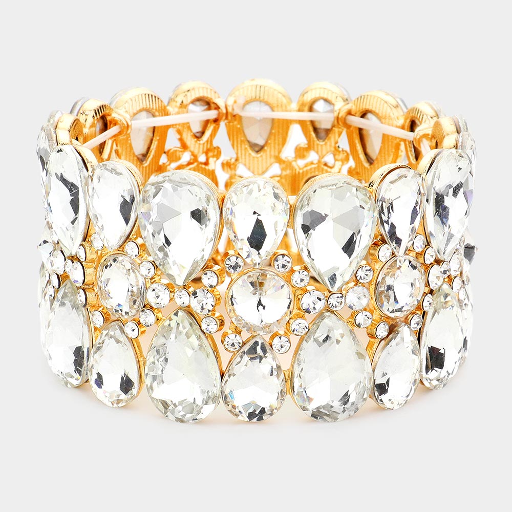 Clear Crystal Teardrop Surround Stretch Pageant Bracelet on Gold | Prom Jewelry