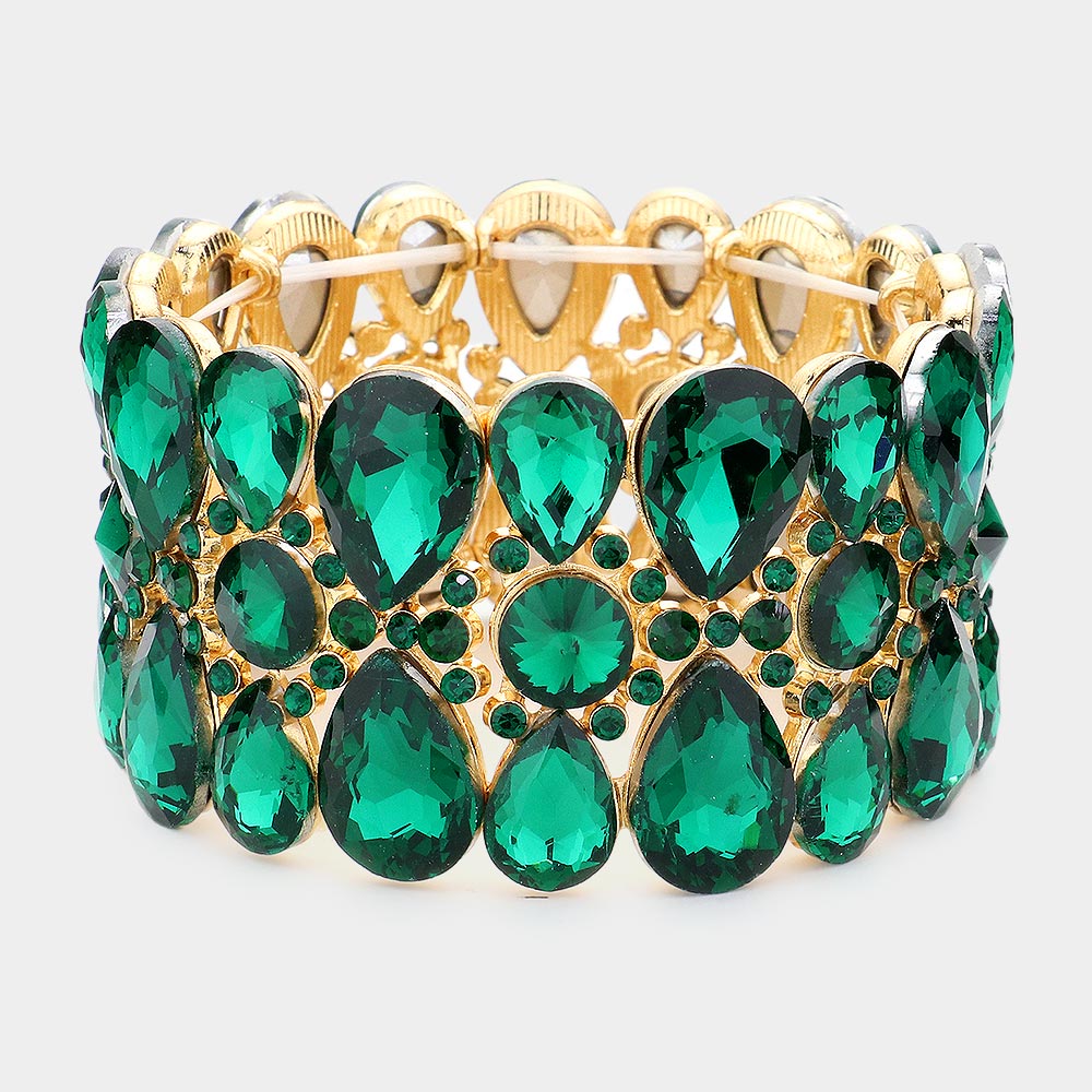 Emerald Crystal Teardrop Surround Stretch Pageant Bracelet | Prom Jewelry