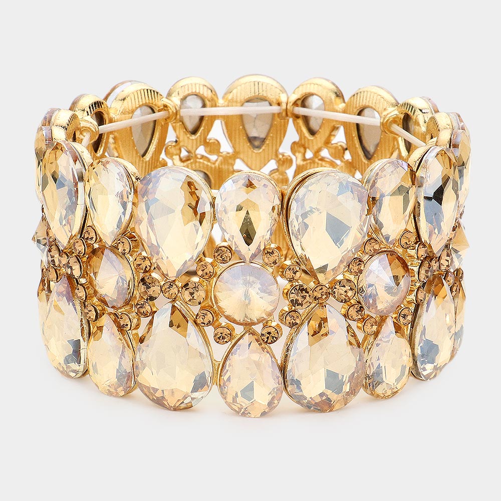 Light Topaz Crystal Teardrop Surround Stretch Pageant Bracelet  | Prom Jewelry
