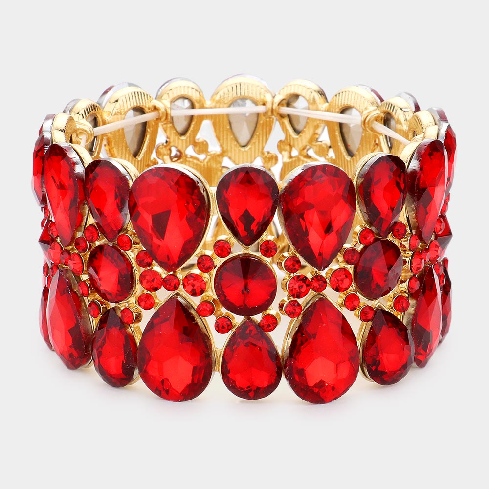 Red Crystal Teardrop Surround Stretch Pageant Bracelet  | Prom Jewelry