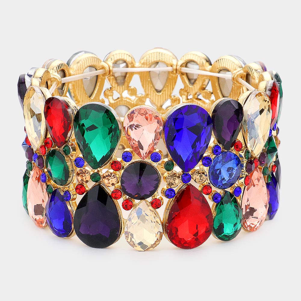 Multi-Color Crystal Teardrop Surround Stretch Pageant Bracelet  | Prom Jewelry