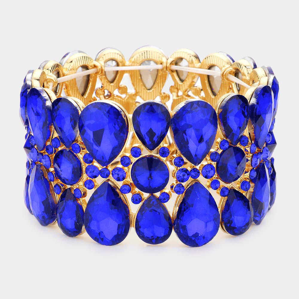Sapphire Crystal Teardrop Surround Stretch Pageant Bracelet  | Prom Jewelry