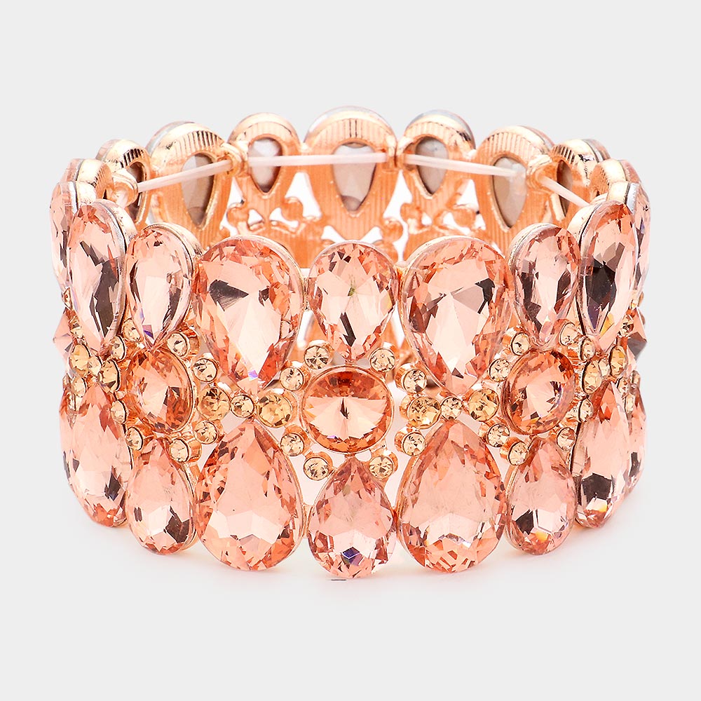 Peach Crystal Teardrop Surround Stretch Pageant Bracelet  | Prom Jewelry