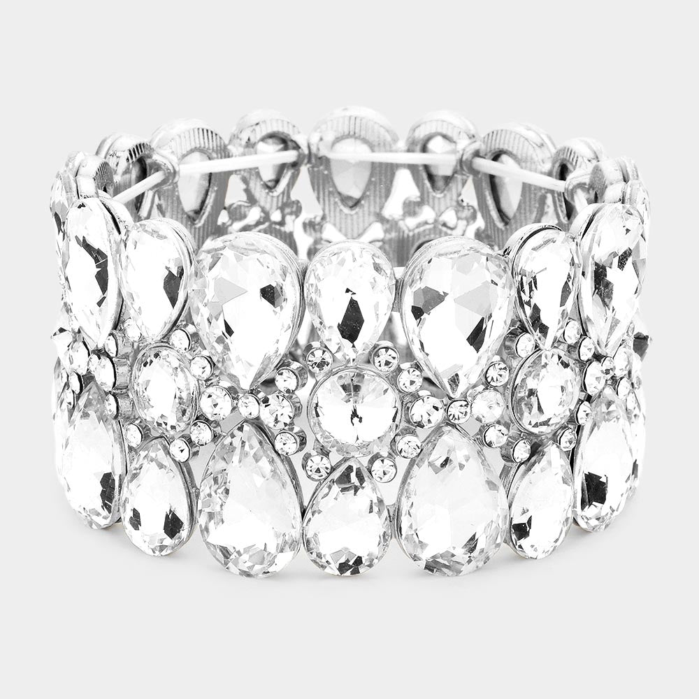 Clear Crystal Teardrop Surround Stretch Pageant Bracelet  | Prom Jewelry
