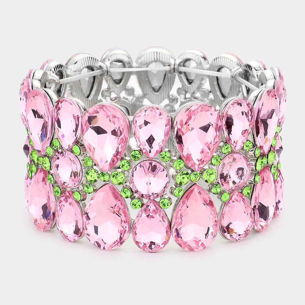 Pink & Green Crystal Teardrop Surround Stretch Pageant Bracelet  | Prom Jewelry