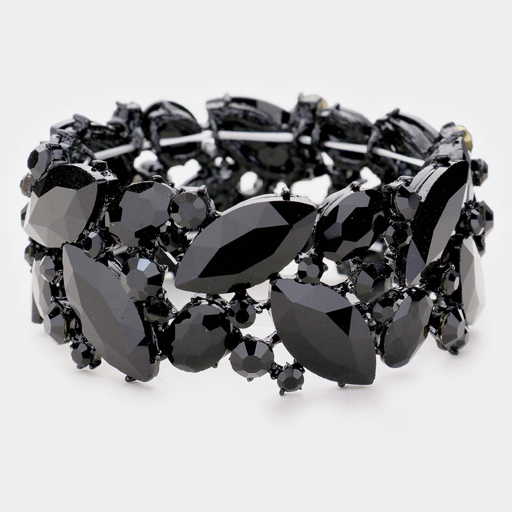 Black Crystal Marquise Stretch Statement Bracelet 