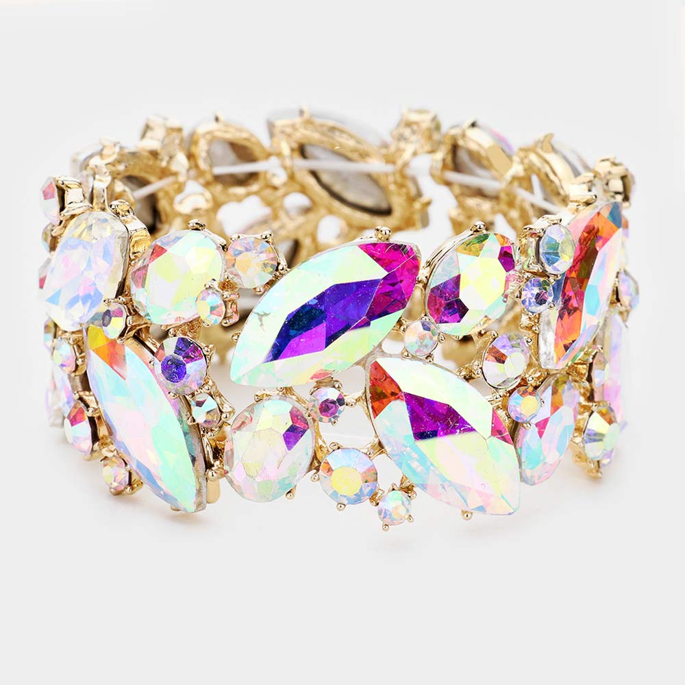 AB Crystal Marquise Stretch Statement Bracelet on Gold | 461827