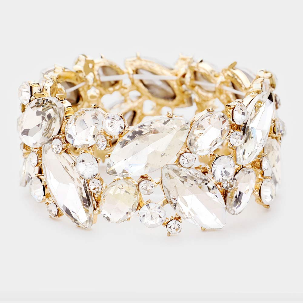 Clear Crystal Marquise Stretch Statement Bracelet on Gold