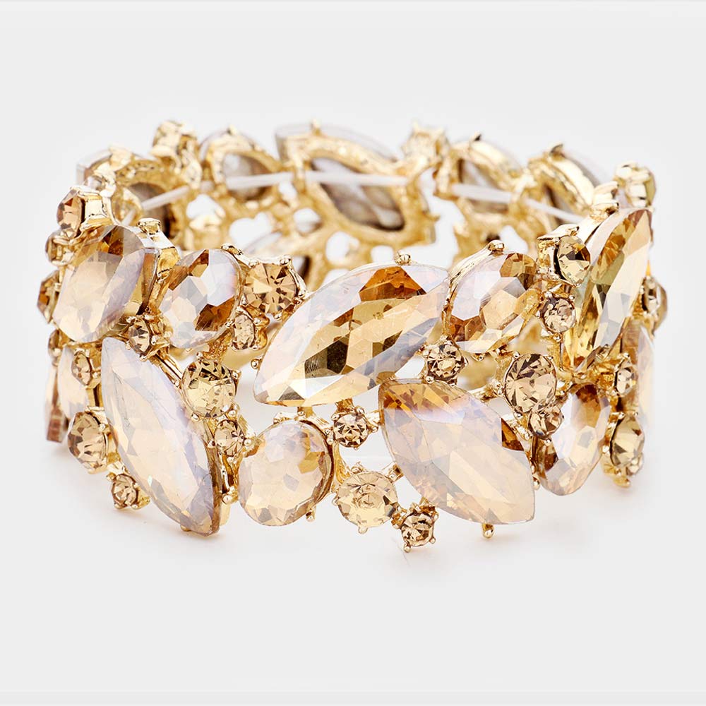 Light Topaz Crystal Marquise Stretch Statement Bracelet on Gold