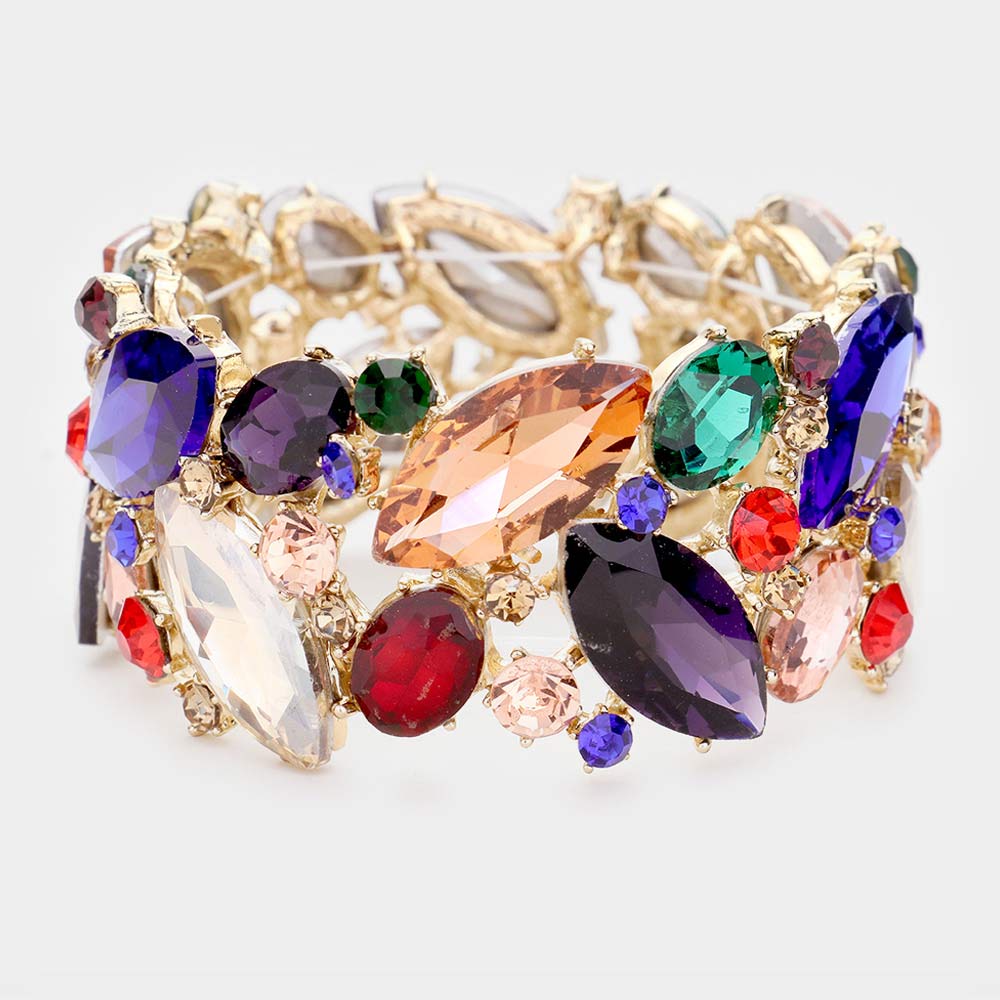 Multi-Color Crystal Marquise Stretch Statement Bracelet