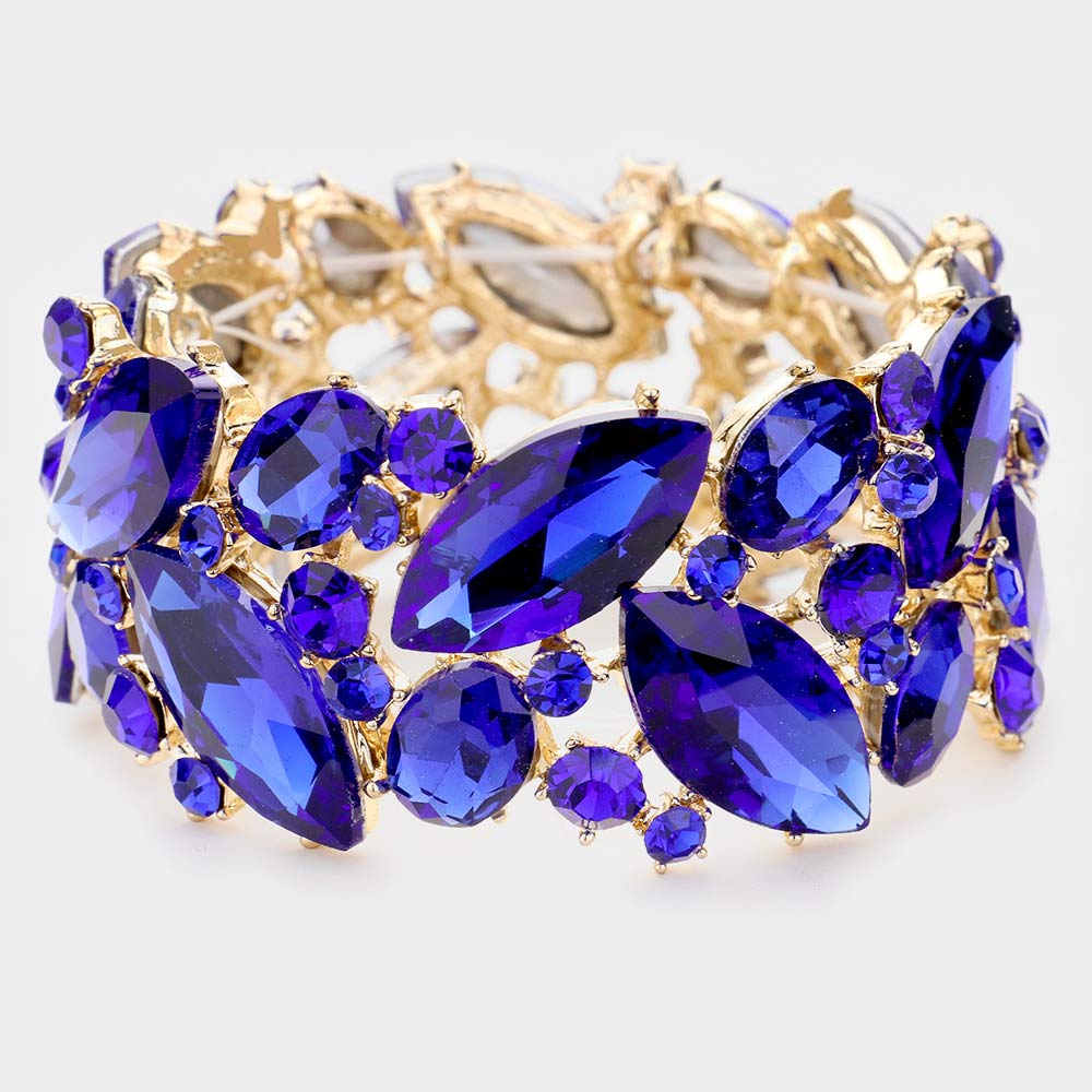 Sapphire Crystal Marquise Stretch Statement Bracelet on Gold