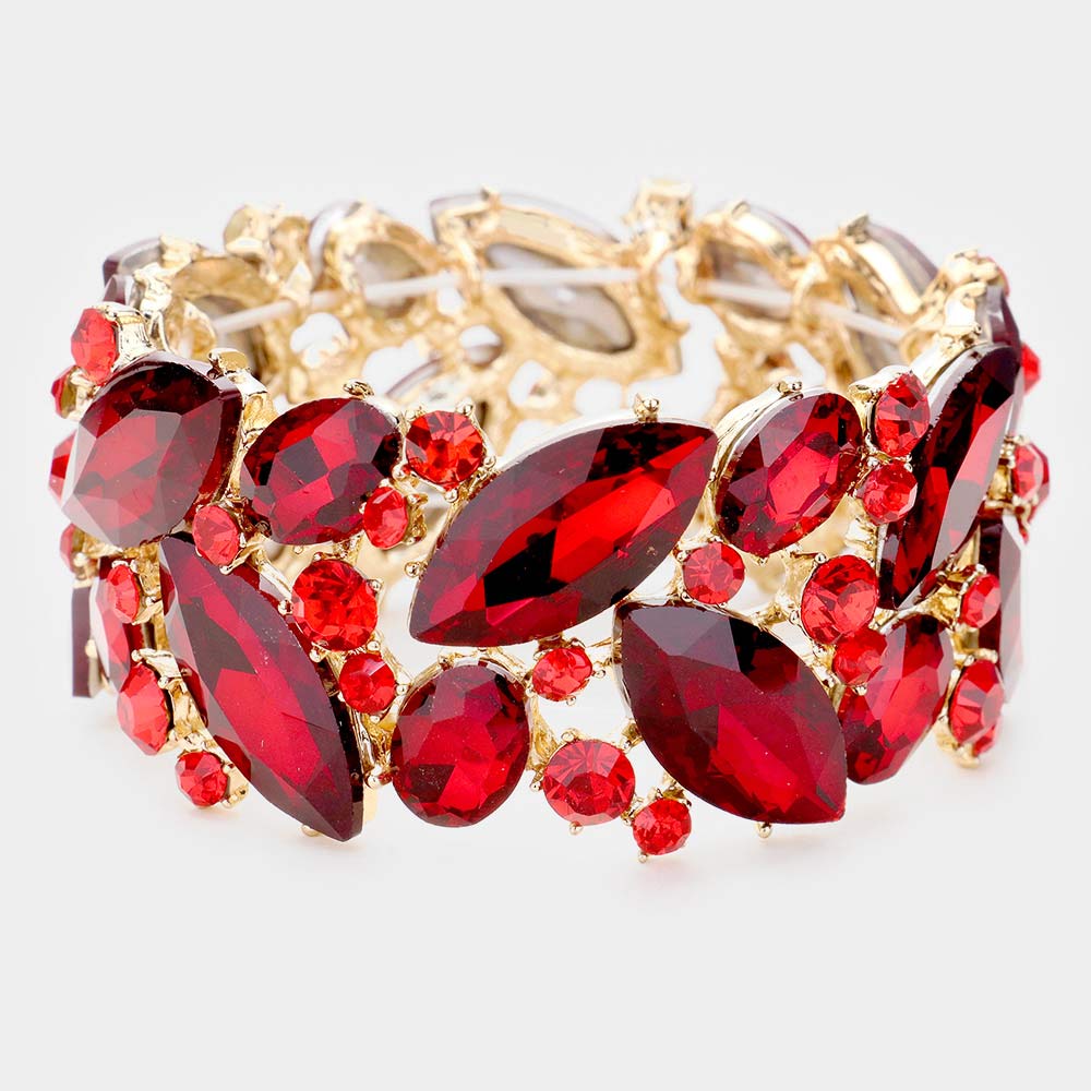 Red Crystal Marquise Stretch Statement Bracelet 