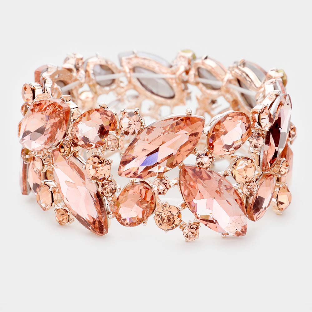 Peach Crystal Marquise Stretch Statement Bracelet on Rose Gold