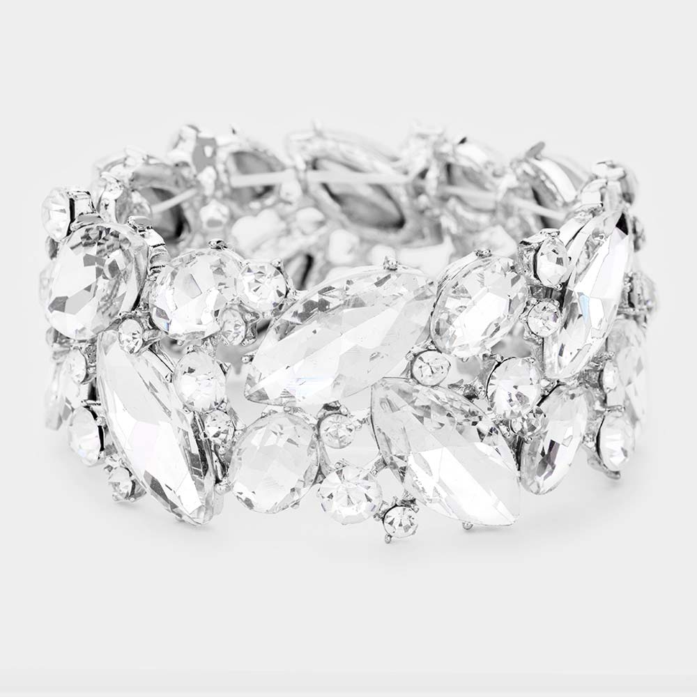 Clear Crystal Marquise Stretch Statement Bracelet 