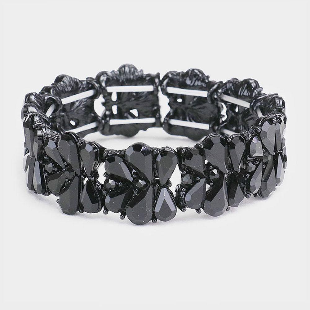 Black Crystal Teardrop Cluster Stretch Pageant Bracelet | Prom Bracelet