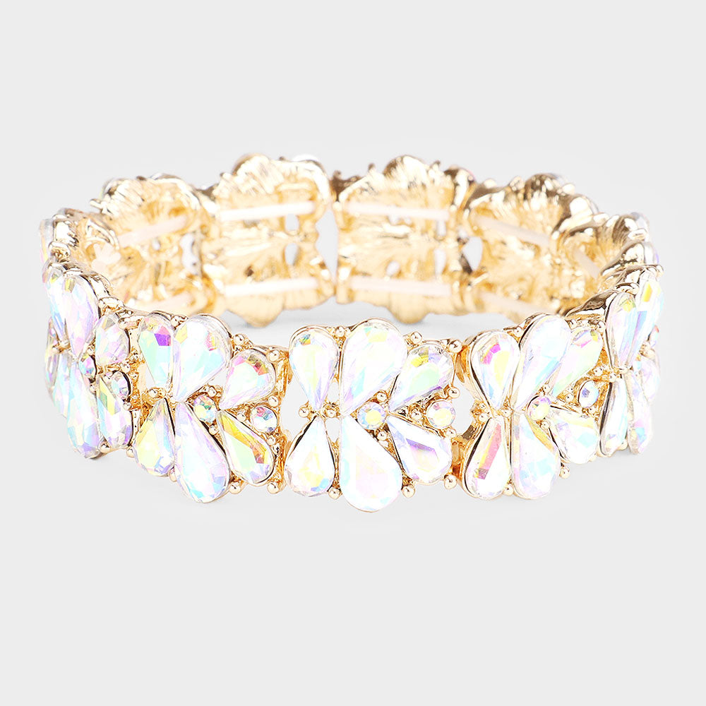 AB Crystal Teardrop Cluster Stretch Pageant Bracelet on Gold | Prom Bracelet